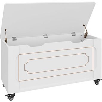 Rolling Storage Bench with Lid, Wooden Blanket Chest with Safety Hinges for Bedroom, White