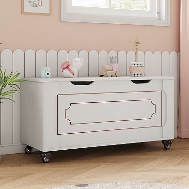 Rolling Storage Bench with Lid, Wooden Blanket Chest with Safety Hinges for Bedroom, White