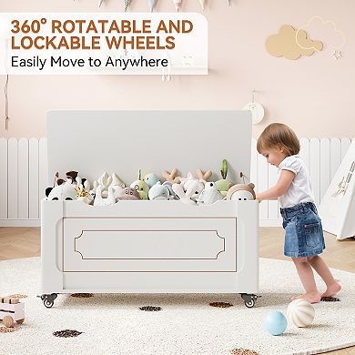 Rolling Storage Bench with Lid, Wooden Blanket Chest with Safety Hinges for Bedroom, White