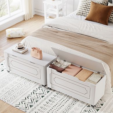 Rolling Storage Bench with Lid, Wooden Blanket Chest with Safety Hinges for Bedroom, White