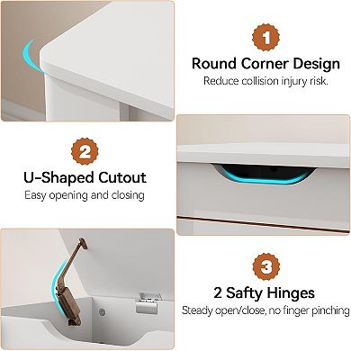 Rolling Storage Bench with Lid, Wooden Blanket Chest with Safety Hinges for Bedroom, White