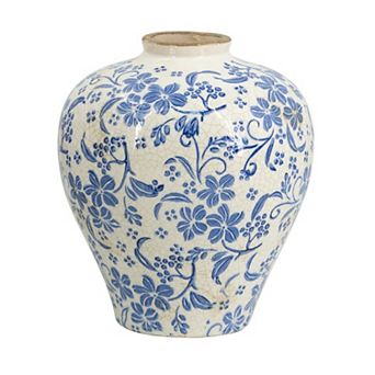TOEMOA Round Ceramic Flower Vase with Distressed Finish and Floral Motifs