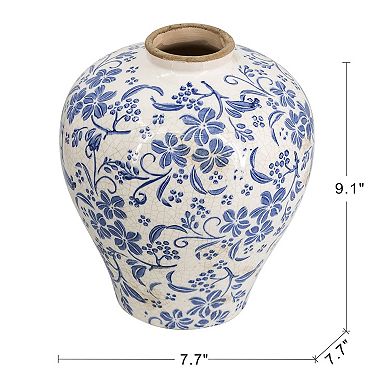 TOEMOA Round Ceramic Flower Vase with Distressed Finish and Floral Motifs