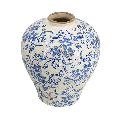 TOEMOA Round Ceramic Flower Vase with Distressed Finish and Floral Motifs