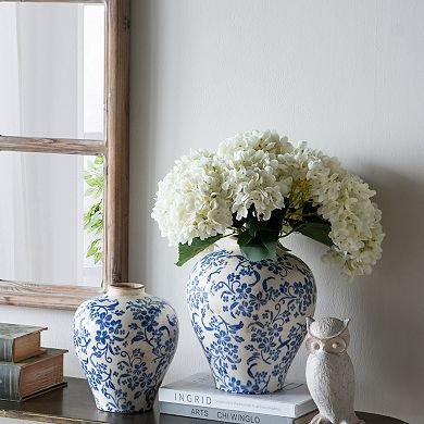 TOEMOA Round Ceramic Flower Vase with Distressed Finish and Floral Motifs