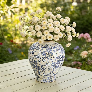 TOEMOA Round Ceramic Flower Vase with Distressed Finish and Floral Motifs