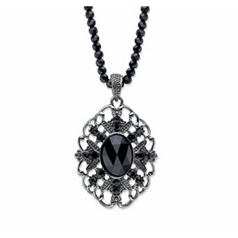 Simulated Black Onyx Black Ruthenium-Plated Beaded Filigree Necklace 15"