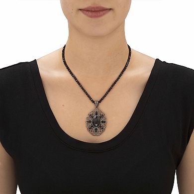 Simulated Black Onyx Black Ruthenium-Plated Beaded Filigree Necklace 15"