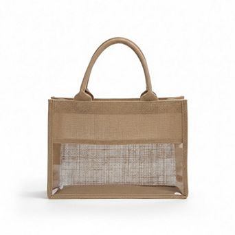 Women's Linen Blend Tote Bag with Structured Shape Clear Window Panel and Double Top Handles