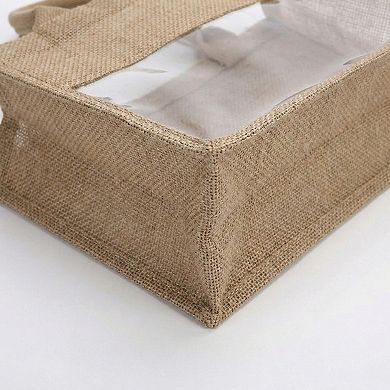 Women's Linen Blend Tote Bag with Structured Shape Clear Window Panel and Double Top Handles