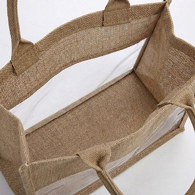 Women's Linen Blend Tote Bag with Structured Shape Clear Window Panel and Double Top Handles