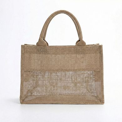 Women's Linen Blend Tote Bag with Structured Shape Clear Window Panel and Double Top Handles