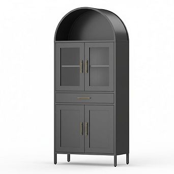 Arched Cabinet with Glass Doors, Metal Kitchen Pantry with Storage Drawer & 2 Adjustable Shelves