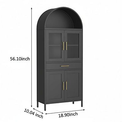 Arched Cabinet with Glass Doors, Metal Kitchen Pantry with Storage Drawer & 2 Adjustable Shelves
