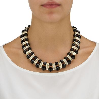 Black Beaded Necklace with Crystal Accents in Yellow Goldtone