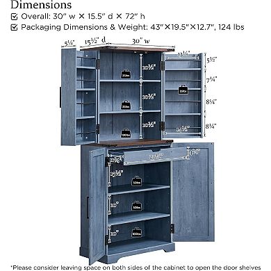 Farmhouse Kitchen Pantry Cabinet with Doors & Adjustable Shelves, 47" Wood Storage Cupboard