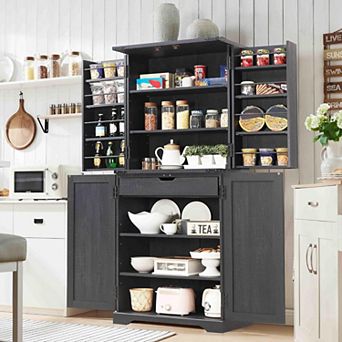 Farmhouse Kitchen Pantry Cabinet with Doors & Adjustable Shelves, 47" Wood Storage Cupboard