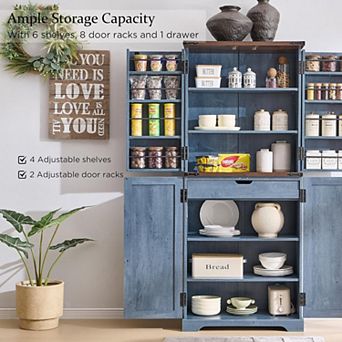 Farmhouse Kitchen Pantry Cabinet with Doors & Adjustable Shelves, 72" Wood Storage Cupboard