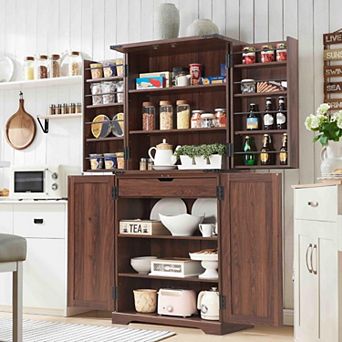 Farmhouse Kitchen Pantry Cabinet with Doors & Adjustable Shelves, 47" Wood Storage Cupboard
