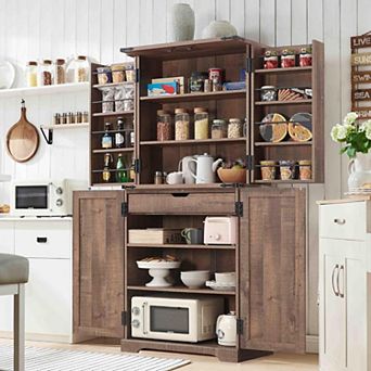 Farmhouse Kitchen Pantry Cabinet with Doors & Adjustable Shelves, 47" Wood Storage Cupboard