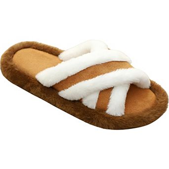 Women's Faux Fur Cross-Band Slippers Soft Indoor Slides for Winter Lounging, Bedroom