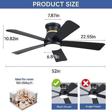 Flush Mount RGB Ceiling Fan with LED Light DC Motor Remote App 6 Speed Reversible