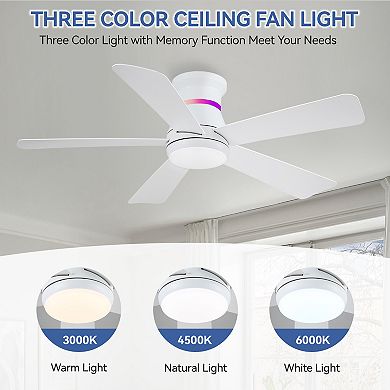 Flush Mount RGB Ceiling Fan with LED Light DC Motor Remote App 6 Speed Reversible