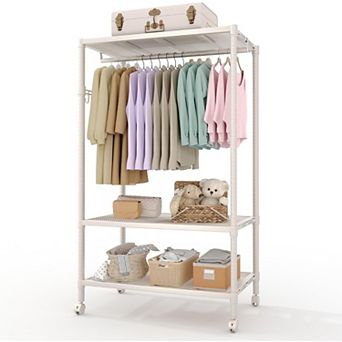 Heavy-Duty Rolling Clothes Rack with Wheels, Adjustable 3 tier Garment Organizer with Hooks