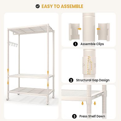 Heavy-Duty Rolling Clothes Rack with Wheels, Adjustable 3-Tier Garment Organizer with Hooks