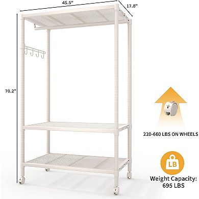 Heavy-Duty Rolling Clothes Rack with Wheels, Adjustable 3-Tier Garment Organizer with Hooks