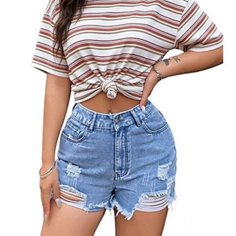 Women's High Waisted Distressed Denim Shorts Ripped Frayed Hem Casual Jean Shorts