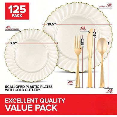 Scalloped Plastic Dinnerware Set with Gold Rim for Elegant Parties