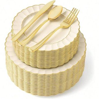 Scalloped Plastic Dinnerware Set with Gold Rim for Elegant Parties