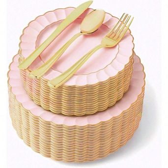 Scalloped Plastic Dinnerware Set with Gold Rim for Elegant Parties