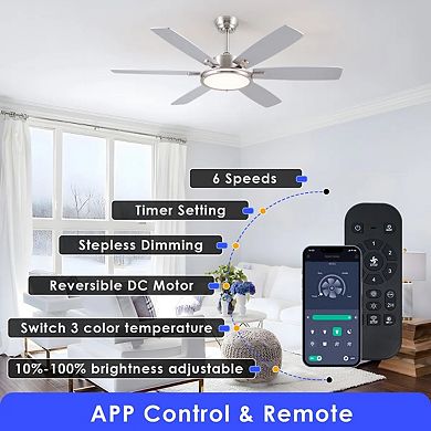 52 Inch Downrod Ceiling Fan with Light Quiet DC Motor Remote App Control Modern