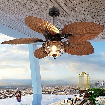 52 Inch Tropical Wet Rated Ceiling Fan with Light Palm Leaf DC Motor Remote Control