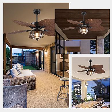 52" Wet Rated Ceiling Fan with Light, Tropical Palm Leaf Waterproof Quiet Motor Remote Control