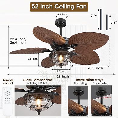 52" Wet Rated Ceiling Fan with Light, Tropical Palm Leaf Waterproof Quiet Motor Remote Control