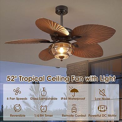 52" Wet Rated Ceiling Fan with Light, Tropical Palm Leaf Waterproof Quiet Motor Remote Control