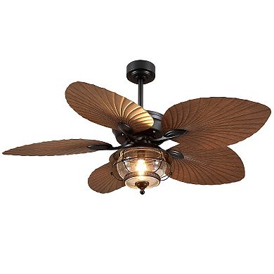 52" Wet Rated Ceiling Fan with Light, Tropical Palm Leaf Waterproof Quiet Motor Remote Control