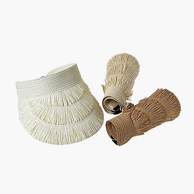 Womens Wide Brim Straw Fringe Sun Visor with Adjustable Elastic Back