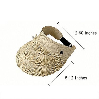Womens Wide Brim Straw Fringe Sun Visor with Adjustable Elastic Back
