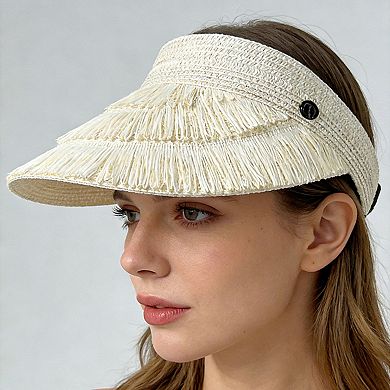 Womens Wide Brim Straw Fringe Sun Visor with Adjustable Elastic Back