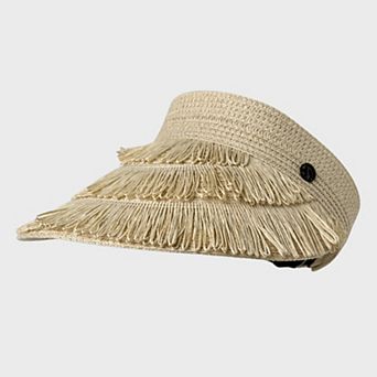 Womens Wide Brim Straw Fringe Sun Visor with Adjustable Elastic Back