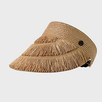 Womens Wide Brim Straw Fringe Sun Visor with Adjustable Elastic Back