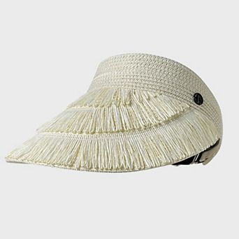Womens Wide Brim Straw Fringe Sun Visor with Adjustable Elastic Back