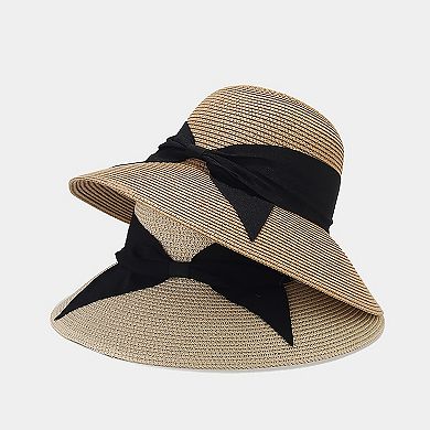 Womens Wide Brim Straw Sun Hat with Ribbon Bow Lightweight Packable Design