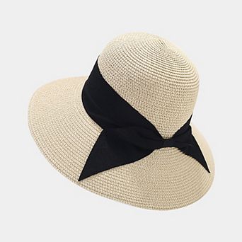 Womens Wide Brim Straw Sun Hat with Ribbon Bow Lightweight Packable Design