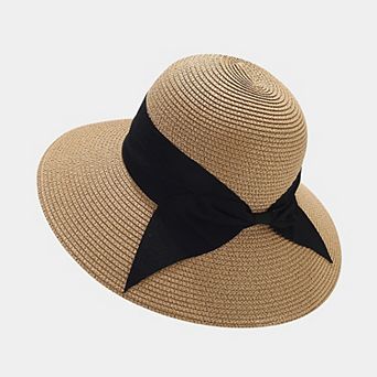 Womens Wide Brim Straw Sun Hat with Ribbon Bow Lightweight Packable Design