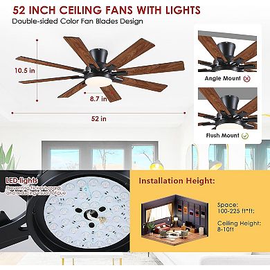 52 Inch Flush Mount Ceiling Fan with Light 8 Blade Quiet DC Motor Remote App Indoor Outdoor